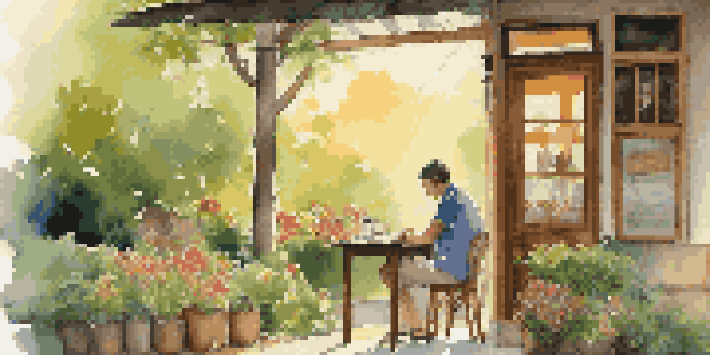 A traveler sitting at a café table, reading a travel guide, surrounded by greenery and flowers during sunset.