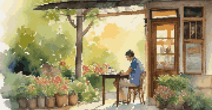 A traveler sitting at a café table, reading a travel guide, surrounded by greenery and flowers during sunset.