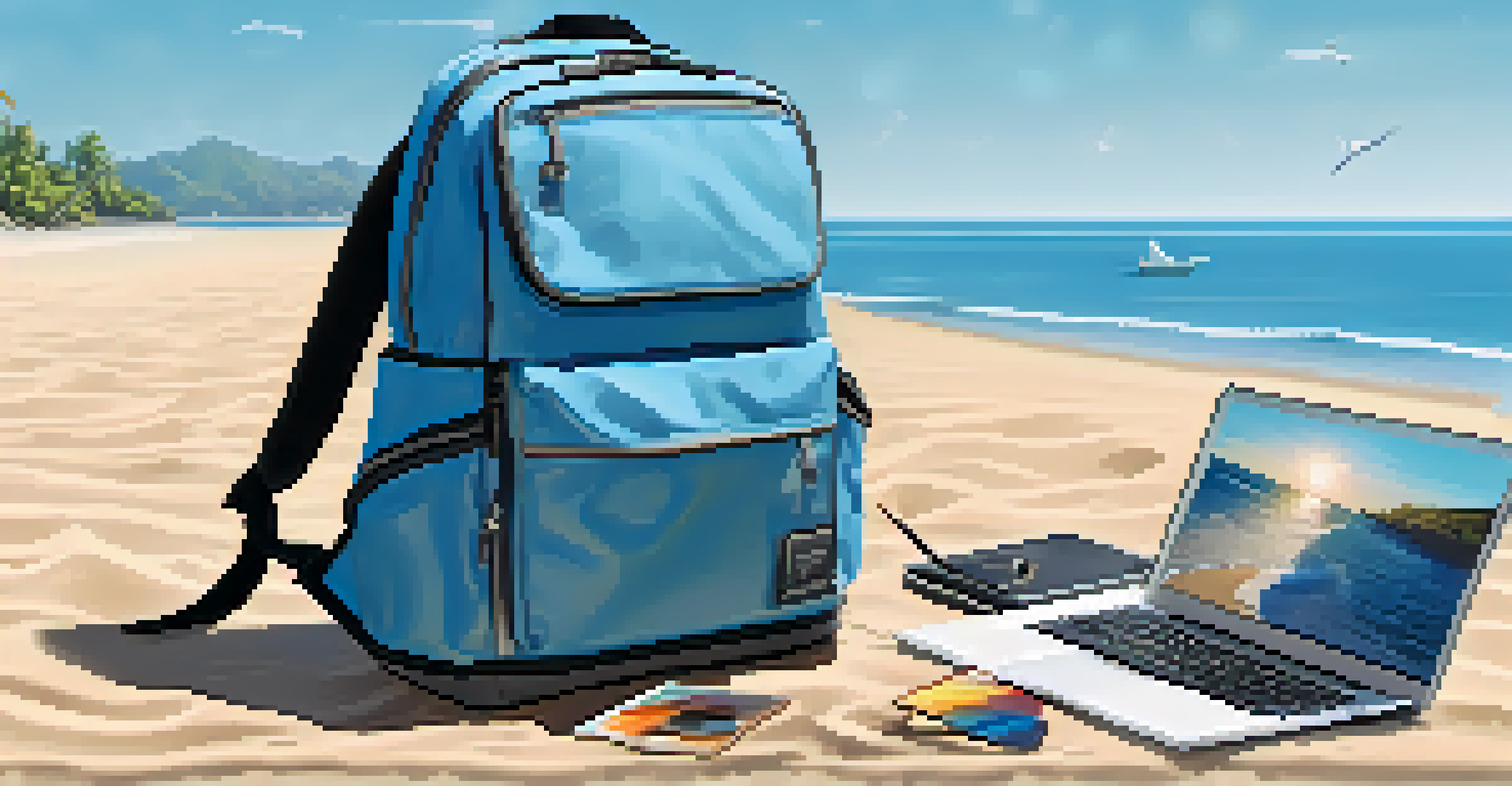 A stylish backpack with a laptop on a beach, overlooking the ocean under a clear sky.