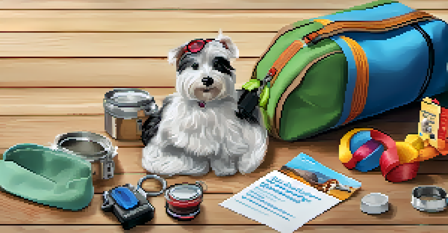 A well-organized pet travel kit displaying essential supplies for a trip.