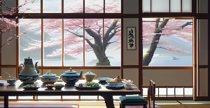 A traditional Japanese dining table with colorful dishes and chopsticks, decorated with cherry blossoms and soft natural light.