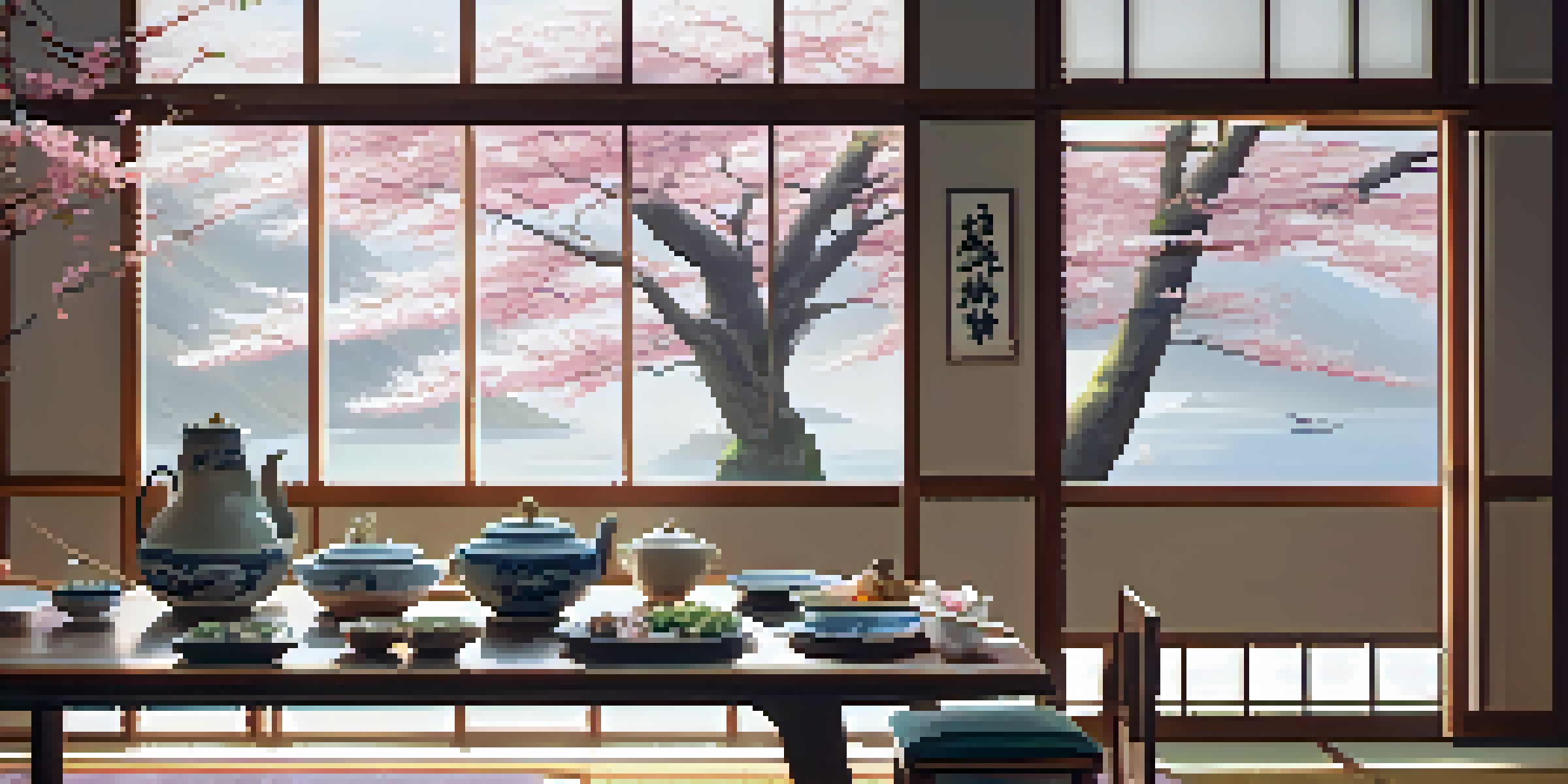 A traditional Japanese dining table with colorful dishes and chopsticks, decorated with cherry blossoms and soft natural light.