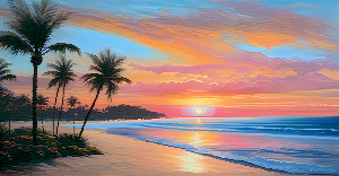A beautiful sunset over a calm beach with vivid oranges, pinks, and blues, reflecting on the ocean and framed by palm trees.