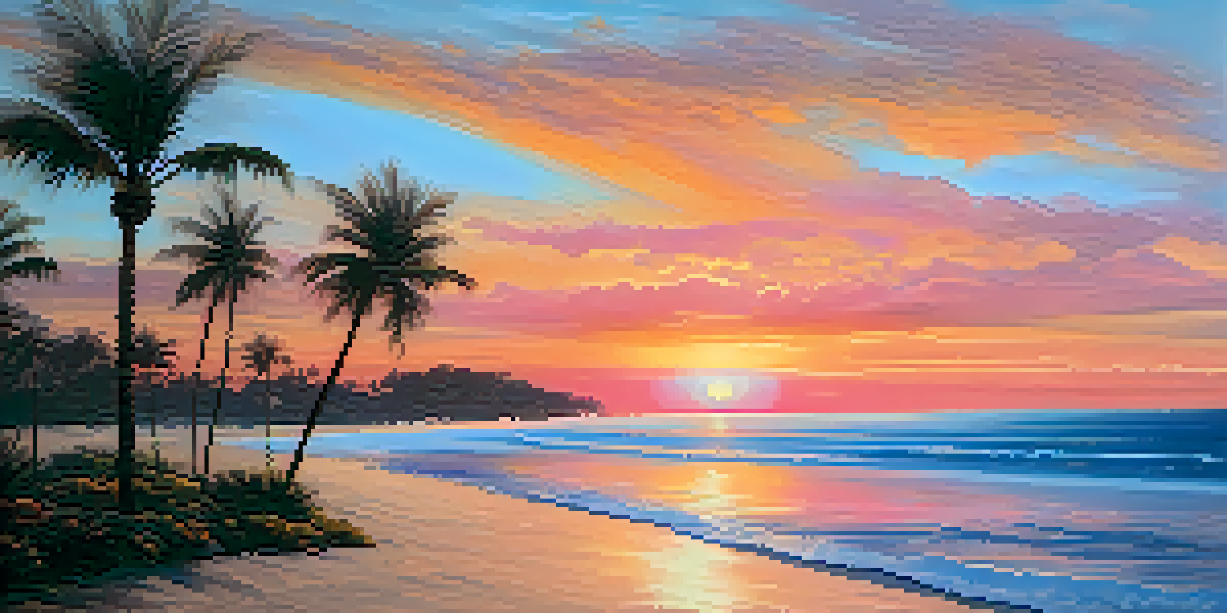 A beautiful sunset over a calm beach with vivid oranges, pinks, and blues, reflecting on the ocean and framed by palm trees.