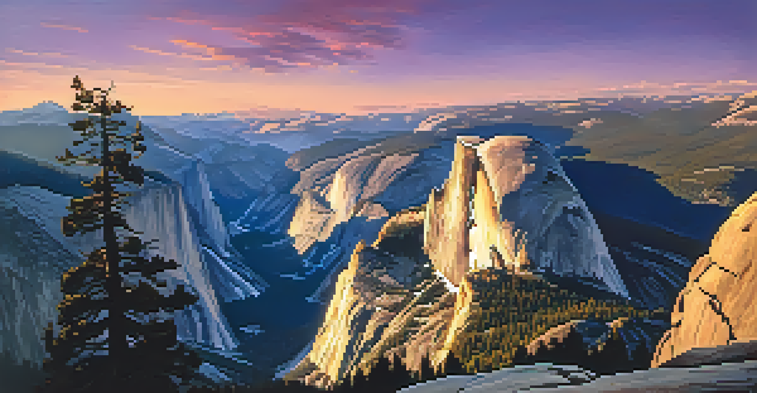 A stunning sunset view from Half Dome with colorful skies and the valley below bathed in golden light.