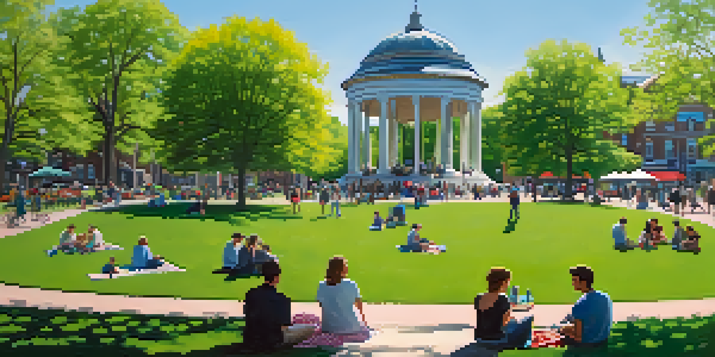 A scenic view of Boston Common filled with greenery, flowers, and people enjoying the park on a sunny day.
