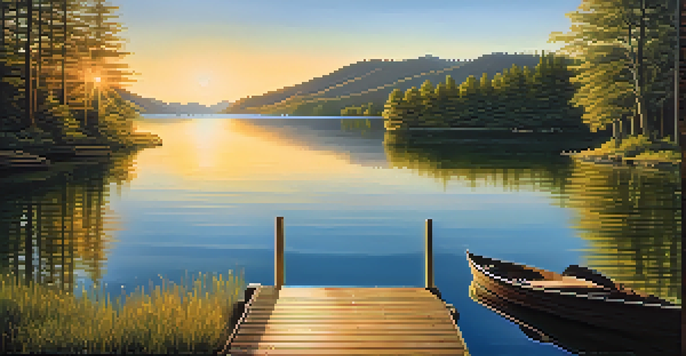 A calm lake surrounded by green mountains with a sunset reflection, featuring a wooden dock and a rowboat.