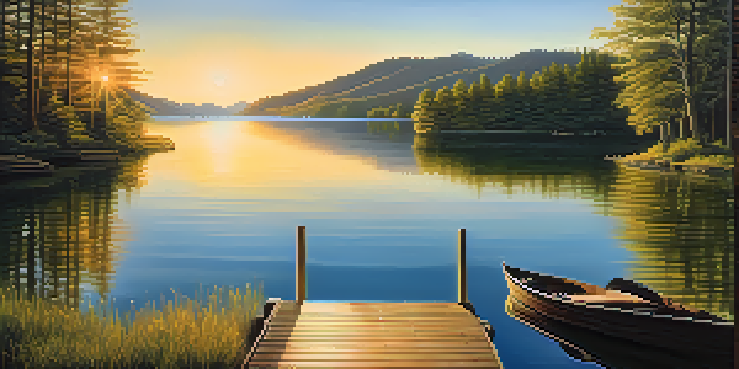 A calm lake surrounded by green mountains with a sunset reflection, featuring a wooden dock and a rowboat.
