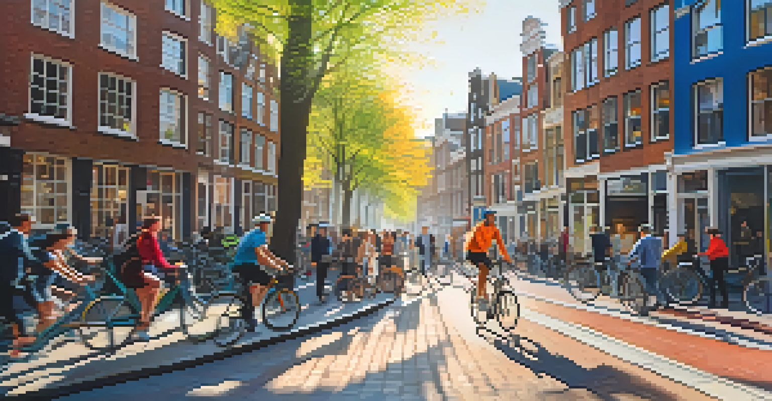 A cyclist riding through the streets of Amsterdam, surrounded by colorful buildings and canals.
