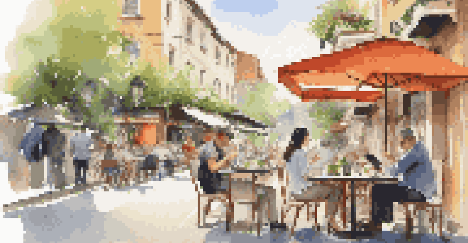A traveler at an outdoor café reviewing their travel budget on a tablet, with a meal and notebook on the table, surrounded by vibrant street life.