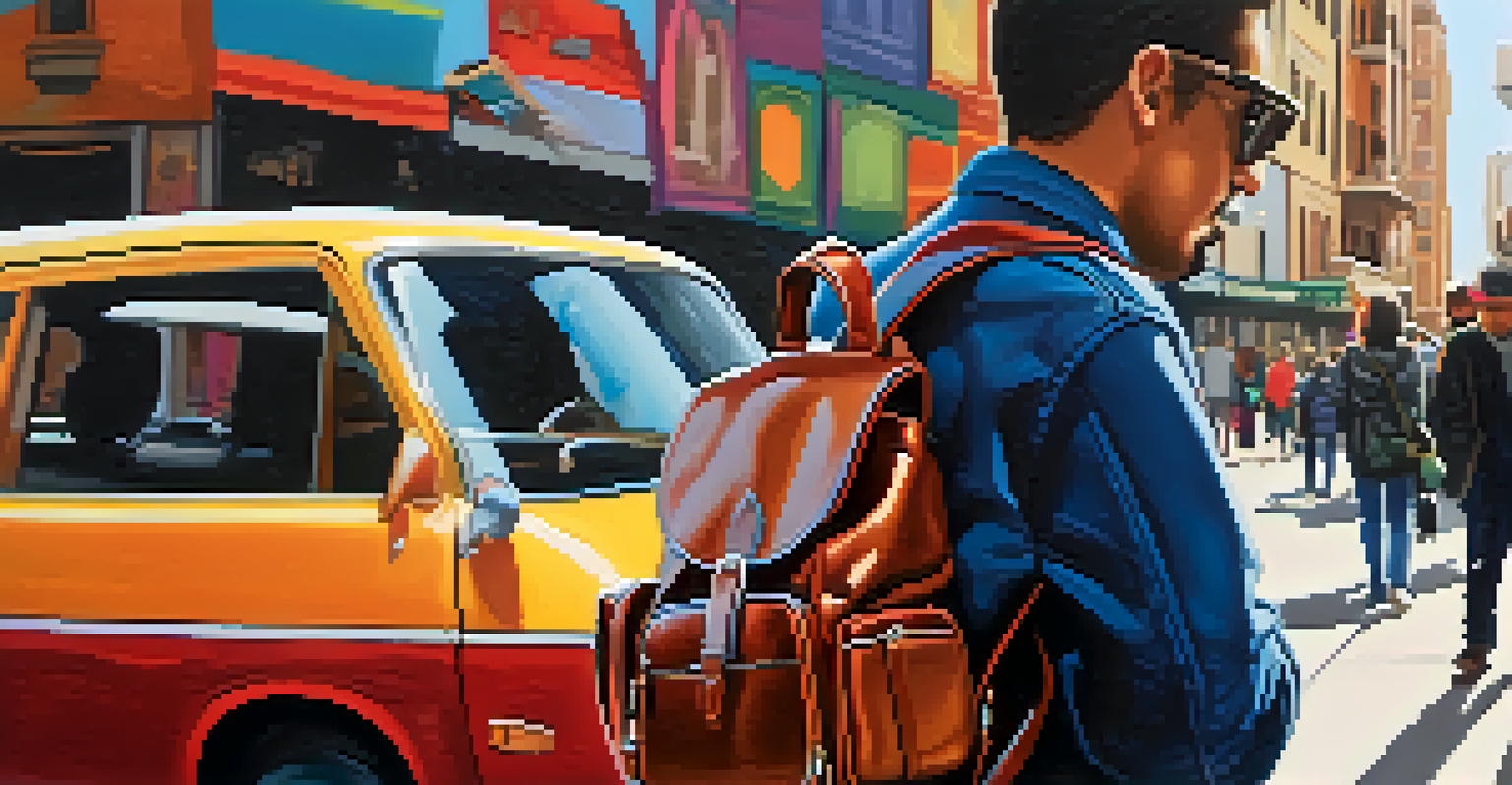 A stylish leather camera bag in an urban setting with a photographer capturing street scenes.