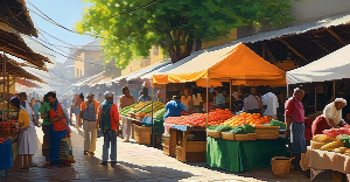 A busy market with travelers and vendors interacting, surrounded by colorful stalls and warm sunlight.