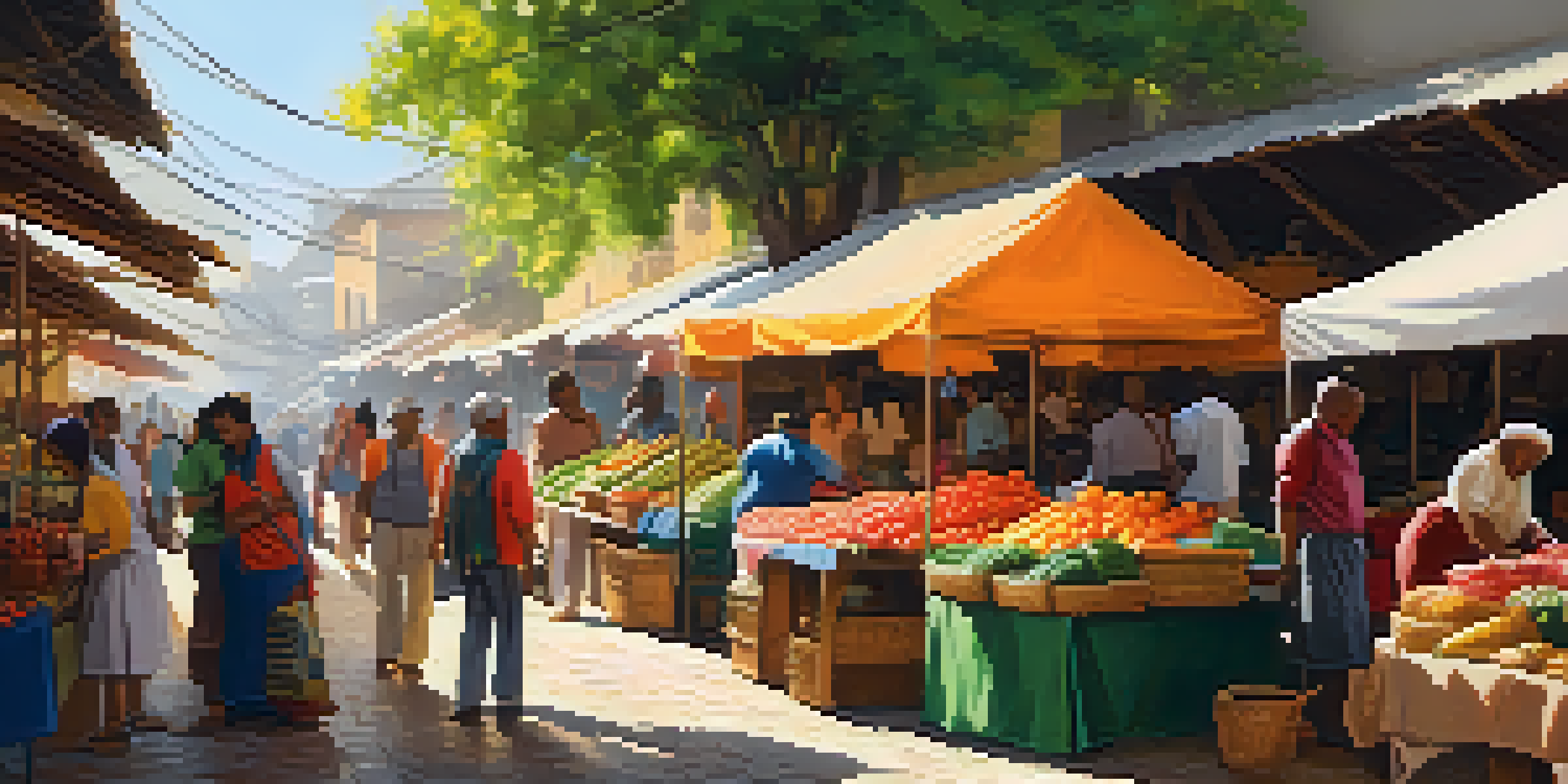 A busy market with travelers and vendors interacting, surrounded by colorful stalls and warm sunlight.