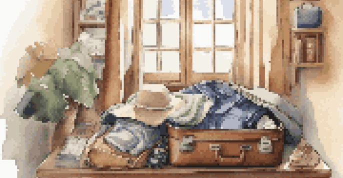 An open suitcase with organized packing cubes and clothing, set in a cozy room with a map and a tablet showing a travel itinerary.