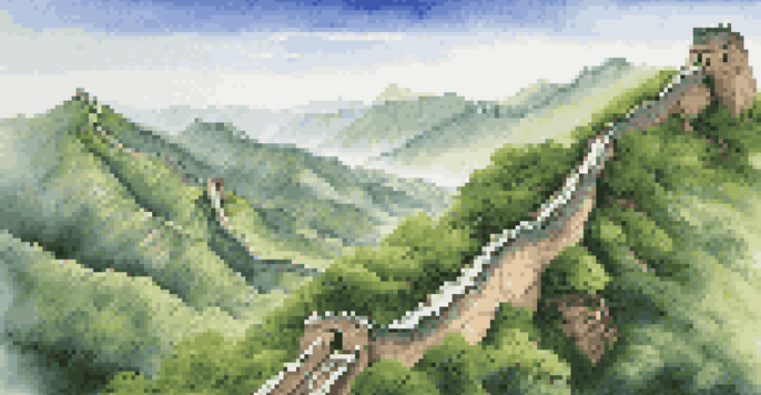 A panoramic view of the Great Wall of China stretching through green mountains under a clear sky.