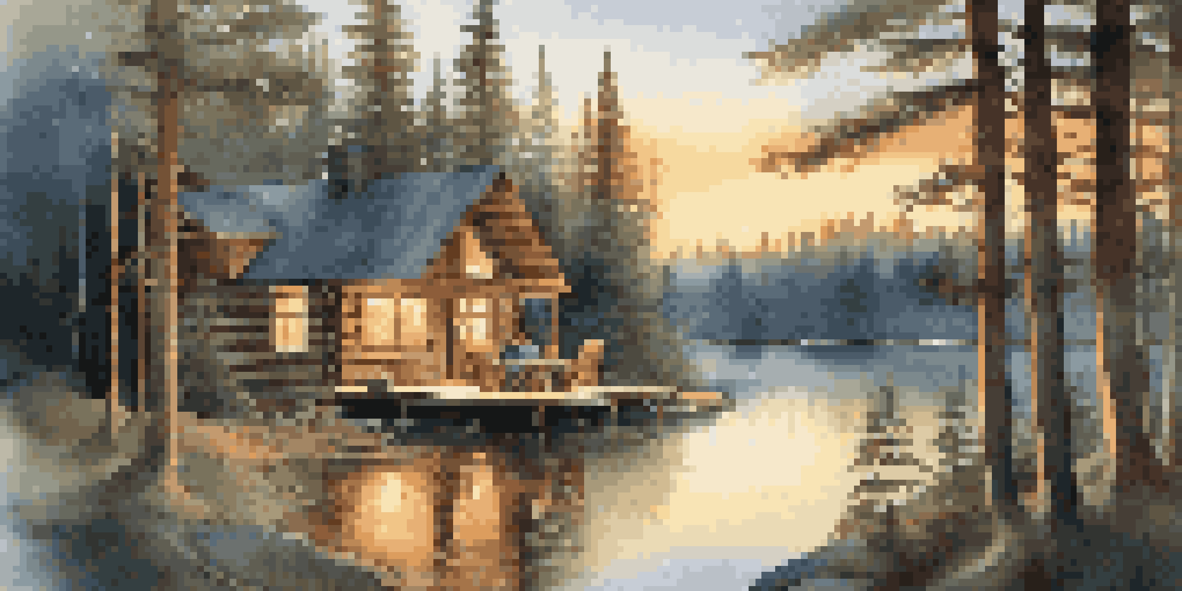 A couple sitting on the porch of a cozy cabin in a forest, enjoying hot cocoa with a serene lake and sunset in the background.