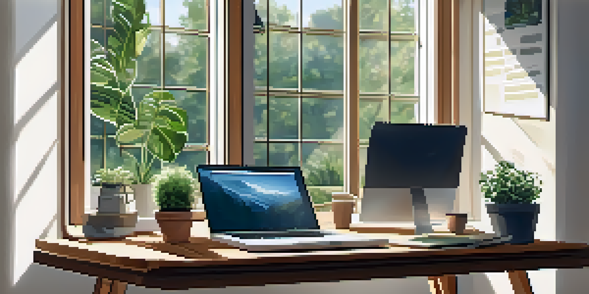 A cozy workspace with a laptop, coffee cup, and potted plant, bathed in natural light.
