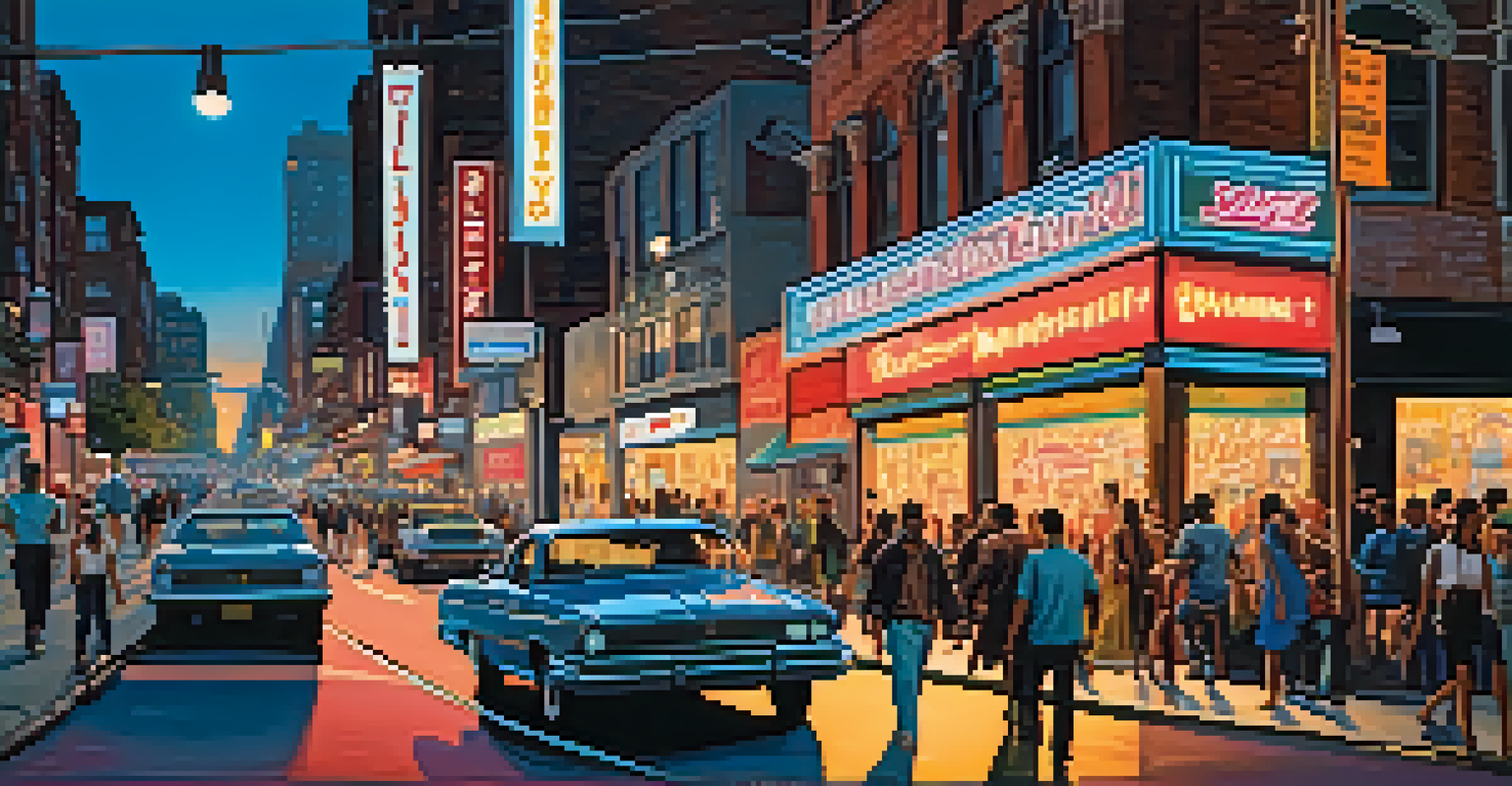 A lively city street at dusk, filled with neon lights and bustling crowds.