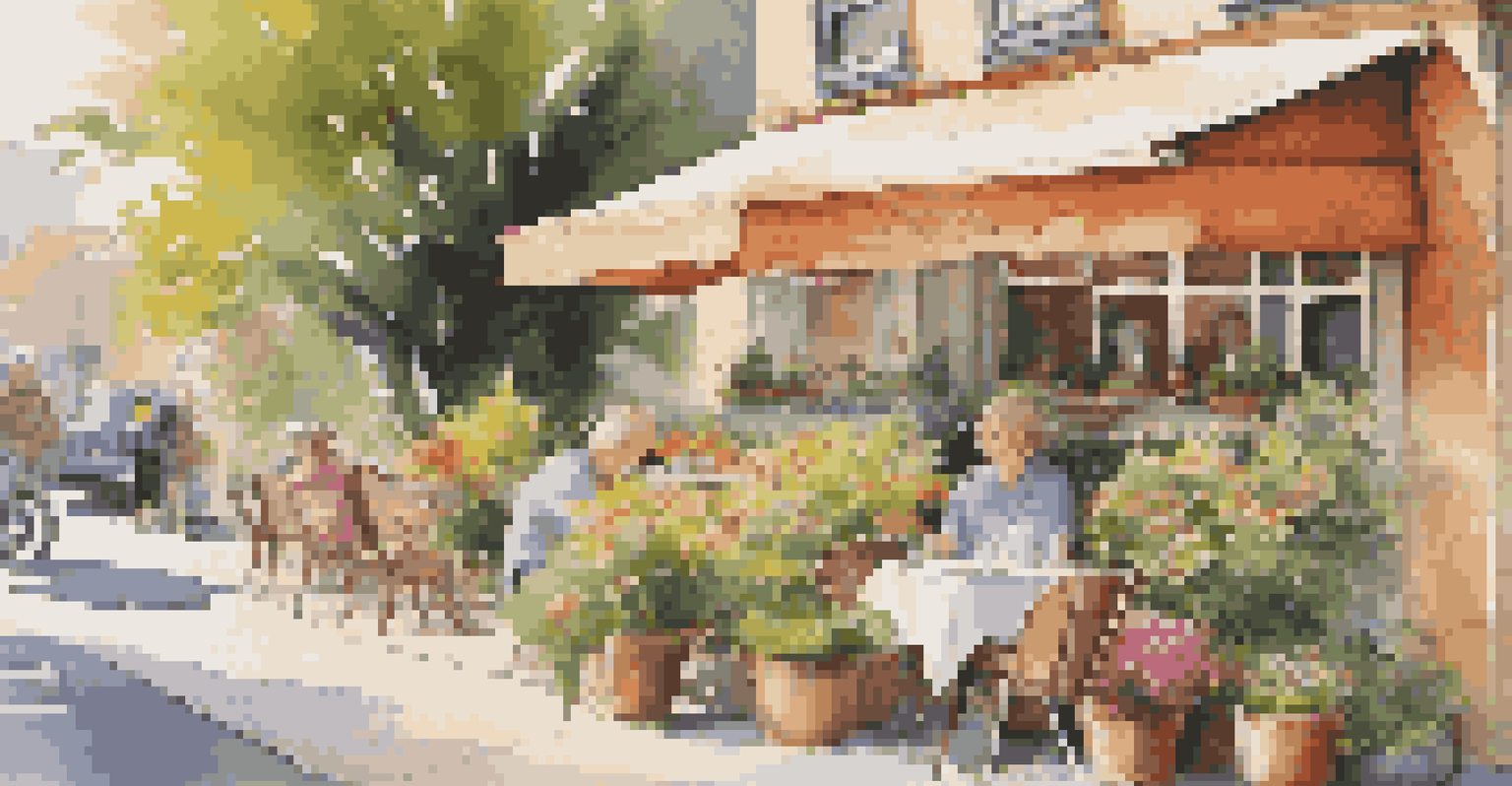 A person enjoying coffee at an outdoor café with their dog beside them, relaxed and eating a treat, surrounded by greenery.