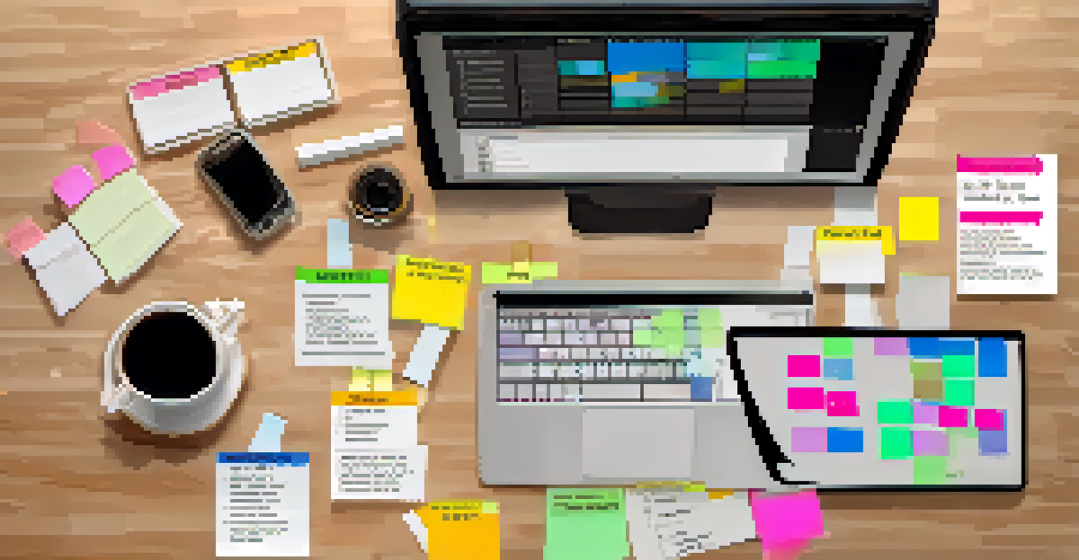 An overhead view of a desk featuring the Eisenhower Matrix, colorful sticky notes, a cup of tea, and a laptop displaying a project management app.