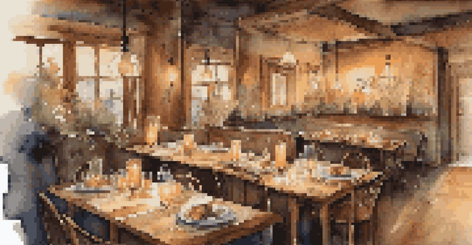A cozy dining table with gourmet dishes in a warmly lit family-run restaurant.