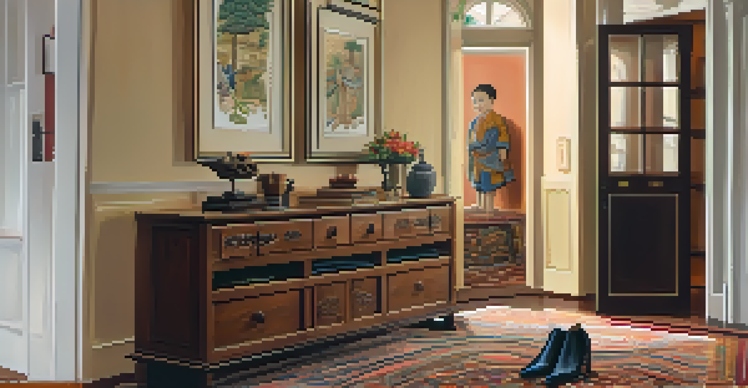 A cozy living room with a pair of shoes at the entrance, highlighting the custom of removing shoes, decorated with cultural elements.