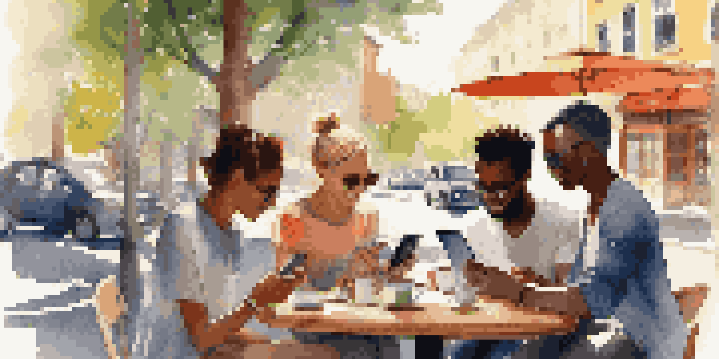 A group of diverse friends at a cafe, using smartphones with smart assistants, surrounded by travel guides and coffee cups.