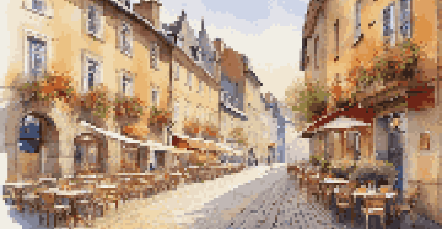 A quiet European street with cobblestones, cafes, and colorful buildings during the morning light.