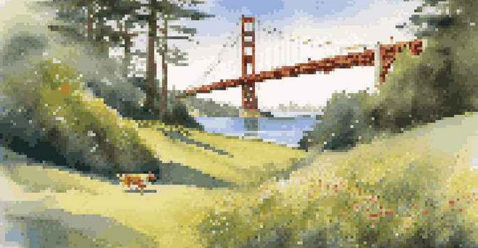 A joyful dog running through a green meadow in Golden Gate Park, with the Golden Gate Bridge visible in the background under a clear blue sky.
