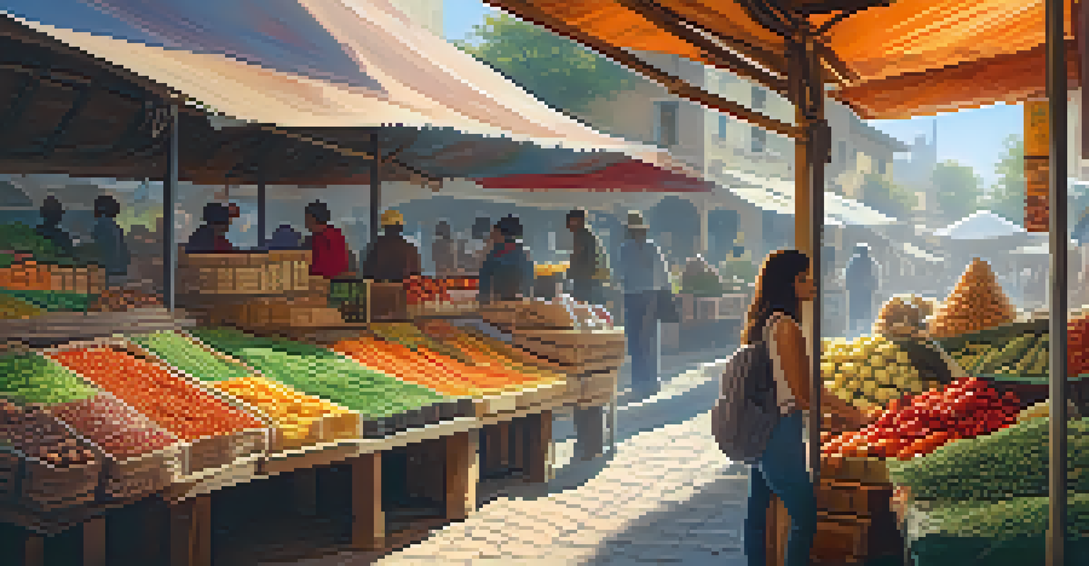 A traveler exploring a colorful local market filled with fresh produce and local crafts.