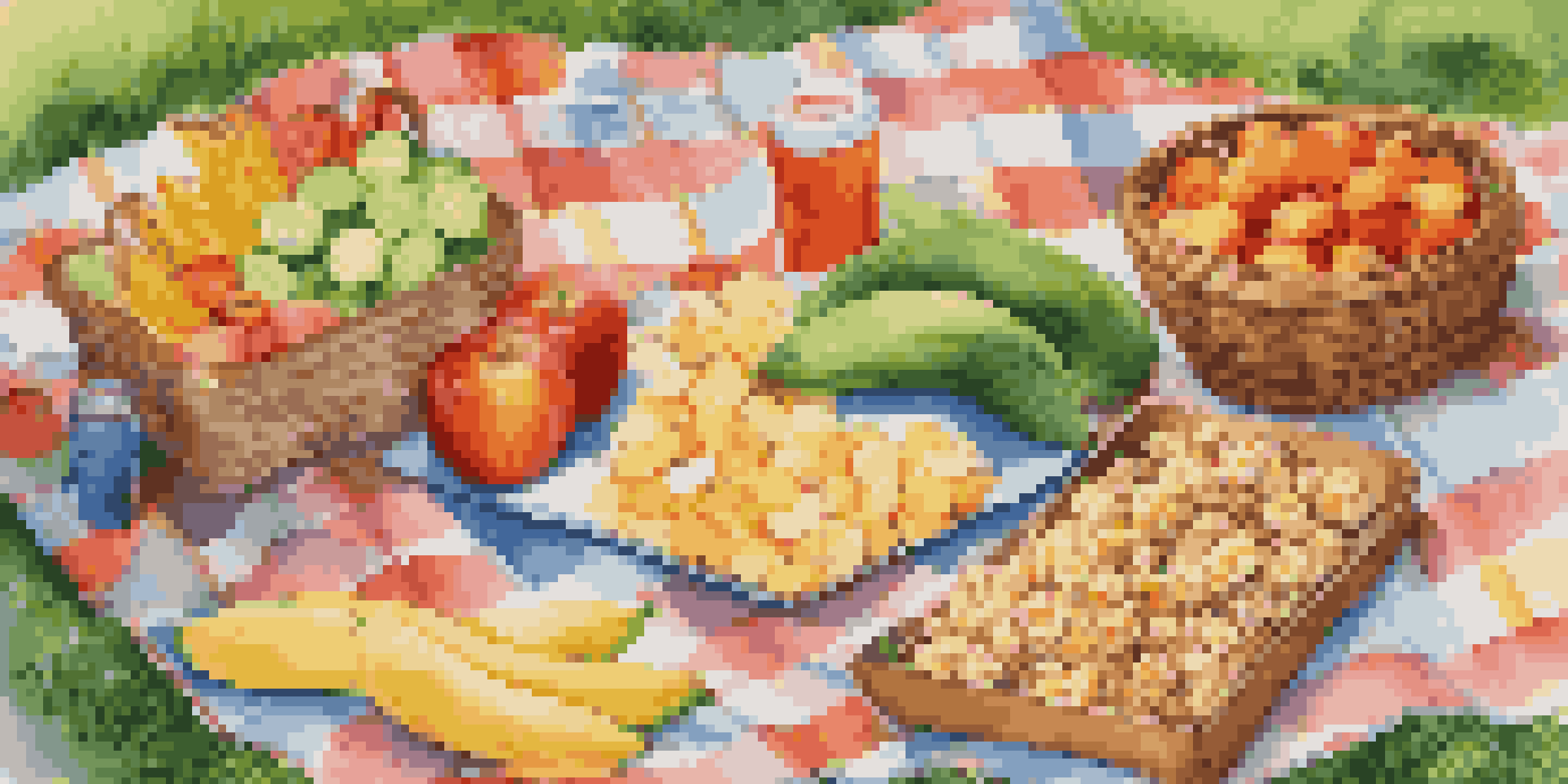 A colorful picnic blanket spread with healthy snacks including fruits, veggies, and whole grain snacks, set in a sunny park with children playing in the background.