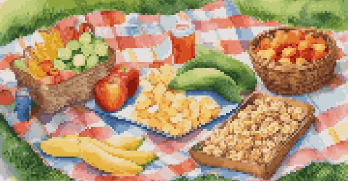 A colorful picnic blanket spread with healthy snacks including fruits, veggies, and whole grain snacks, set in a sunny park with children playing in the background.