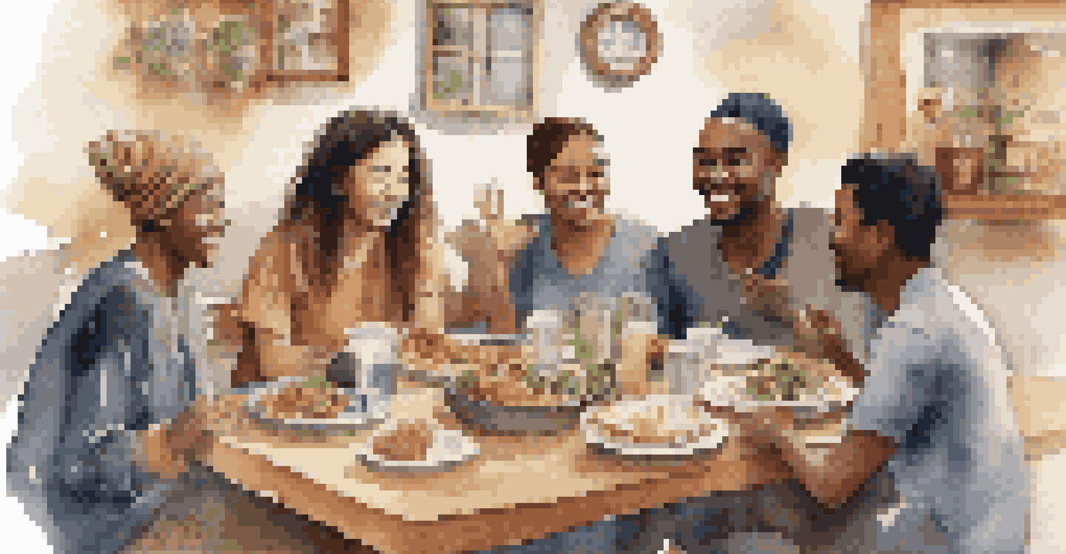 A diverse group of young adults in a cozy cafe, sharing stories and traditional dishes, representing cultural exchange.