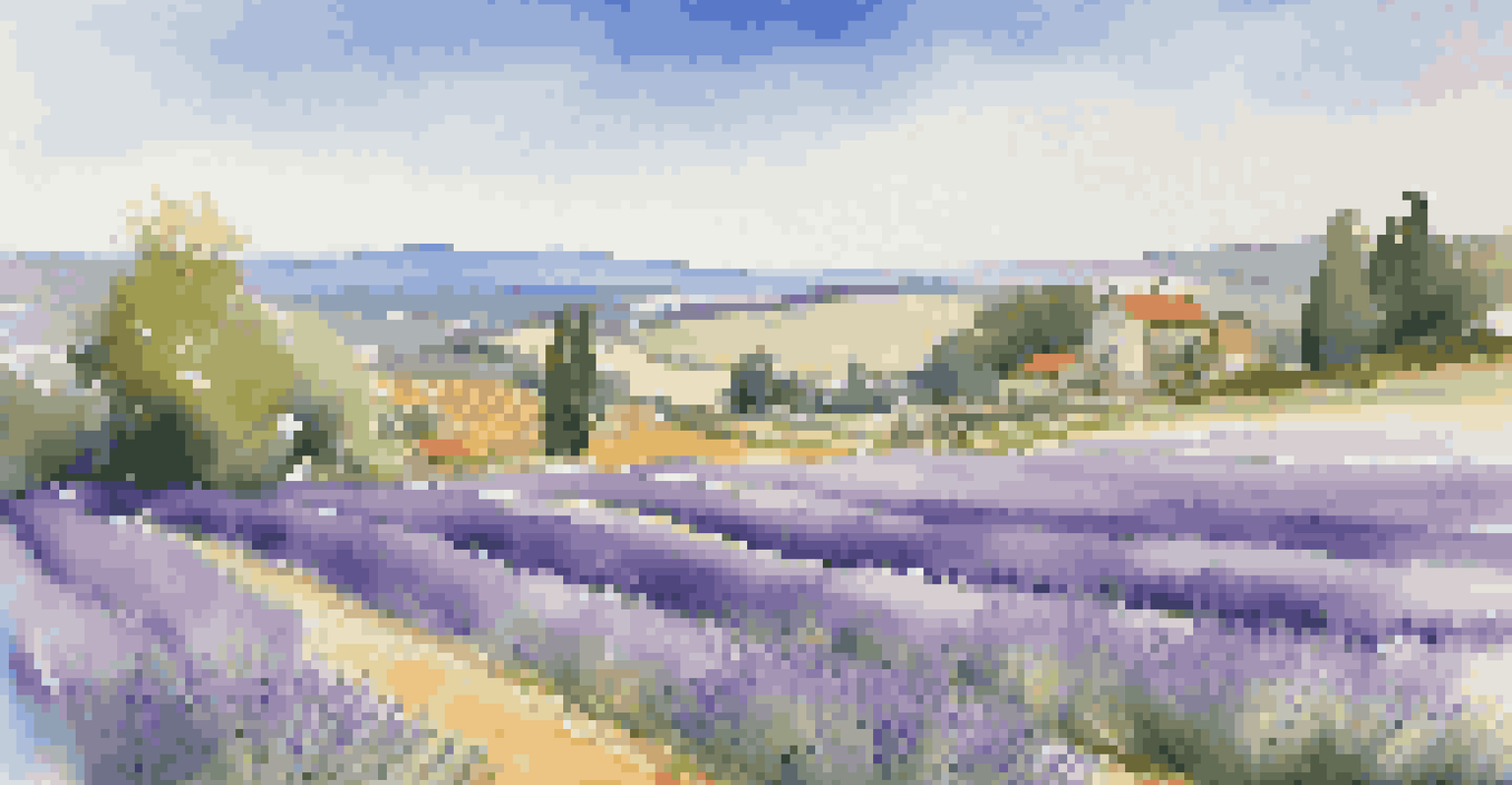 Artists working in vibrant lavender fields under a blue sky, with a picturesque village in the background, creating an idyllic countryside scene.