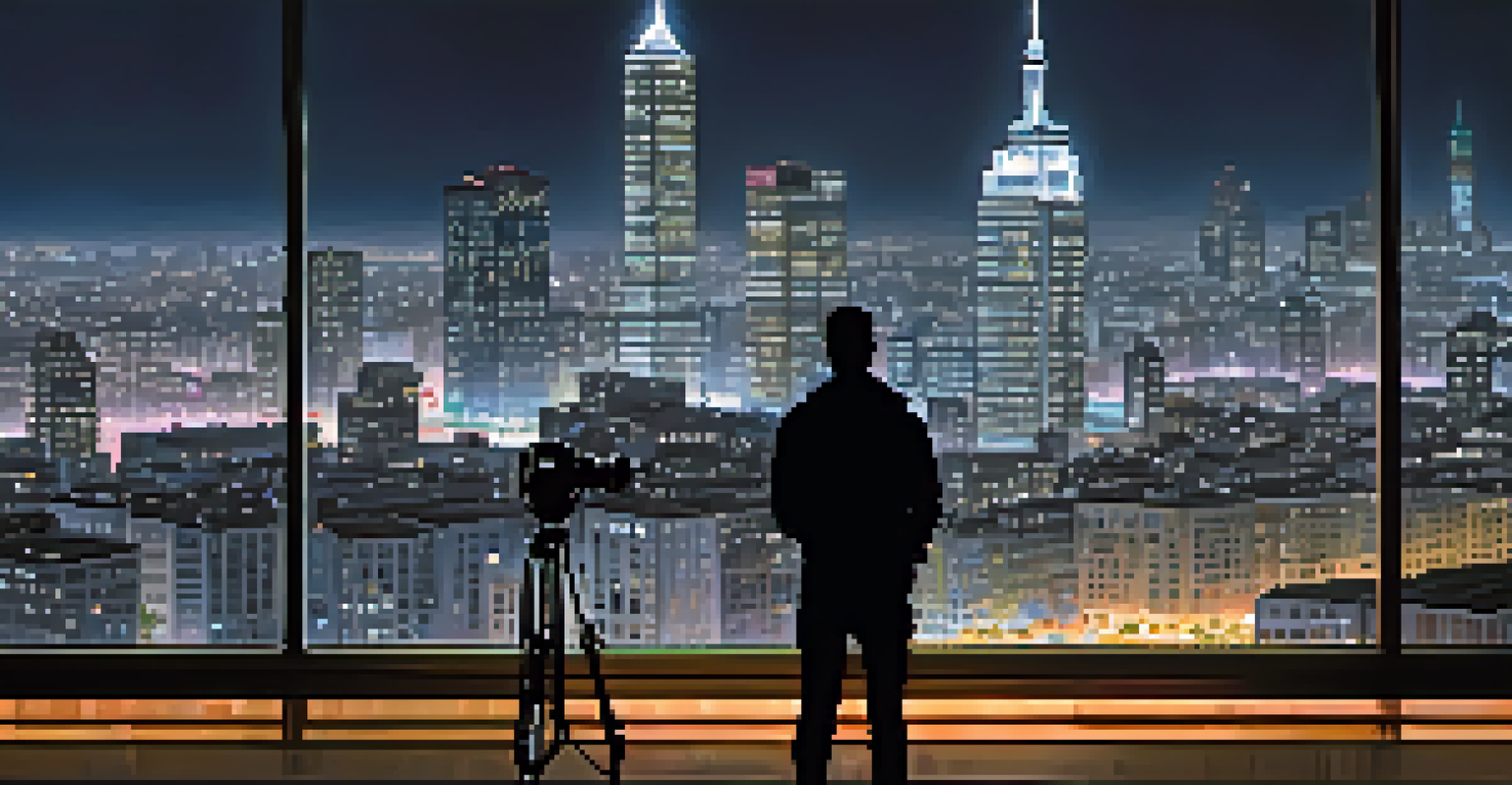 A photographer using a travel tripod in a lively city at night, with colorful lights from skyscrapers and traffic in the background.