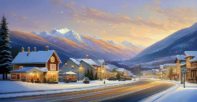 A picturesque winter scene with snow-covered mountains, frosted trees, and a small town with a cozy café illuminated by warm light during sunset.