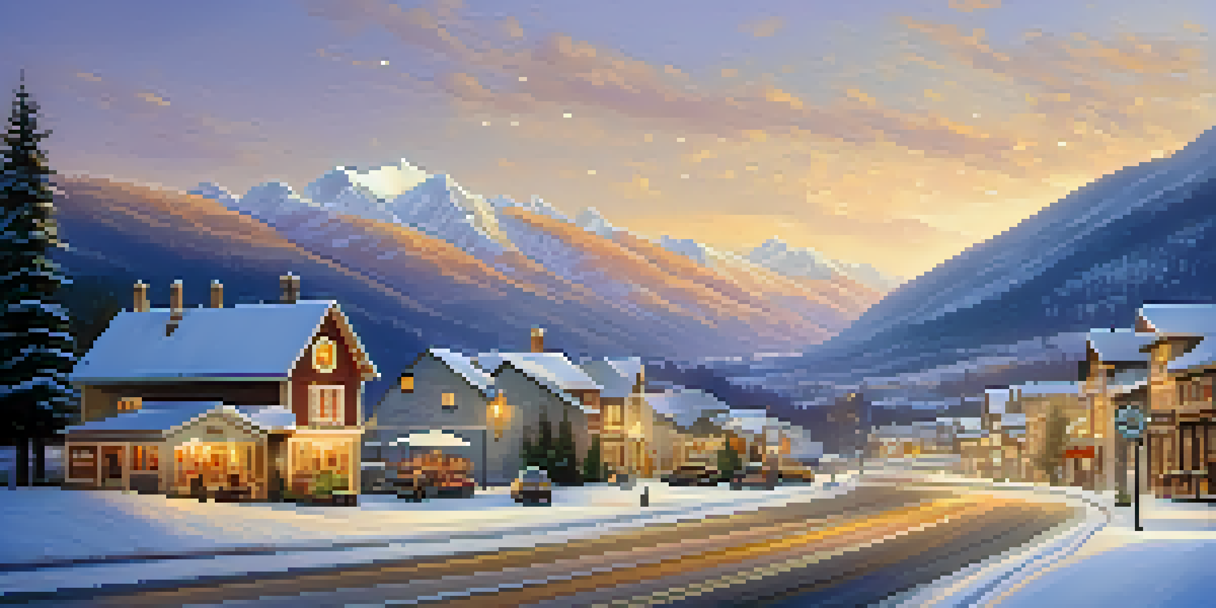 A picturesque winter scene with snow-covered mountains, frosted trees, and a small town with a cozy café illuminated by warm light during sunset.