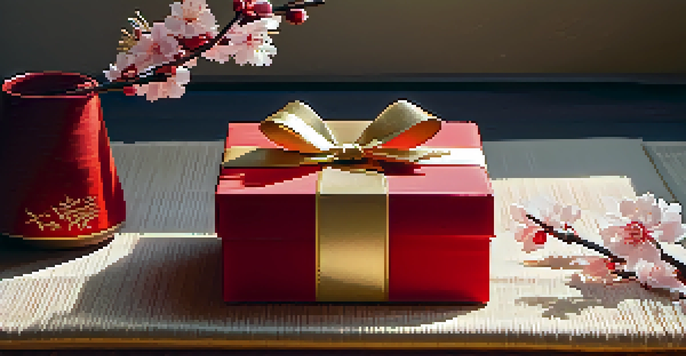 A red gift box wrapped with golden ribbons on a tatami mat, accompanied by a vase of cherry blossoms and soft light from a shoji screen.