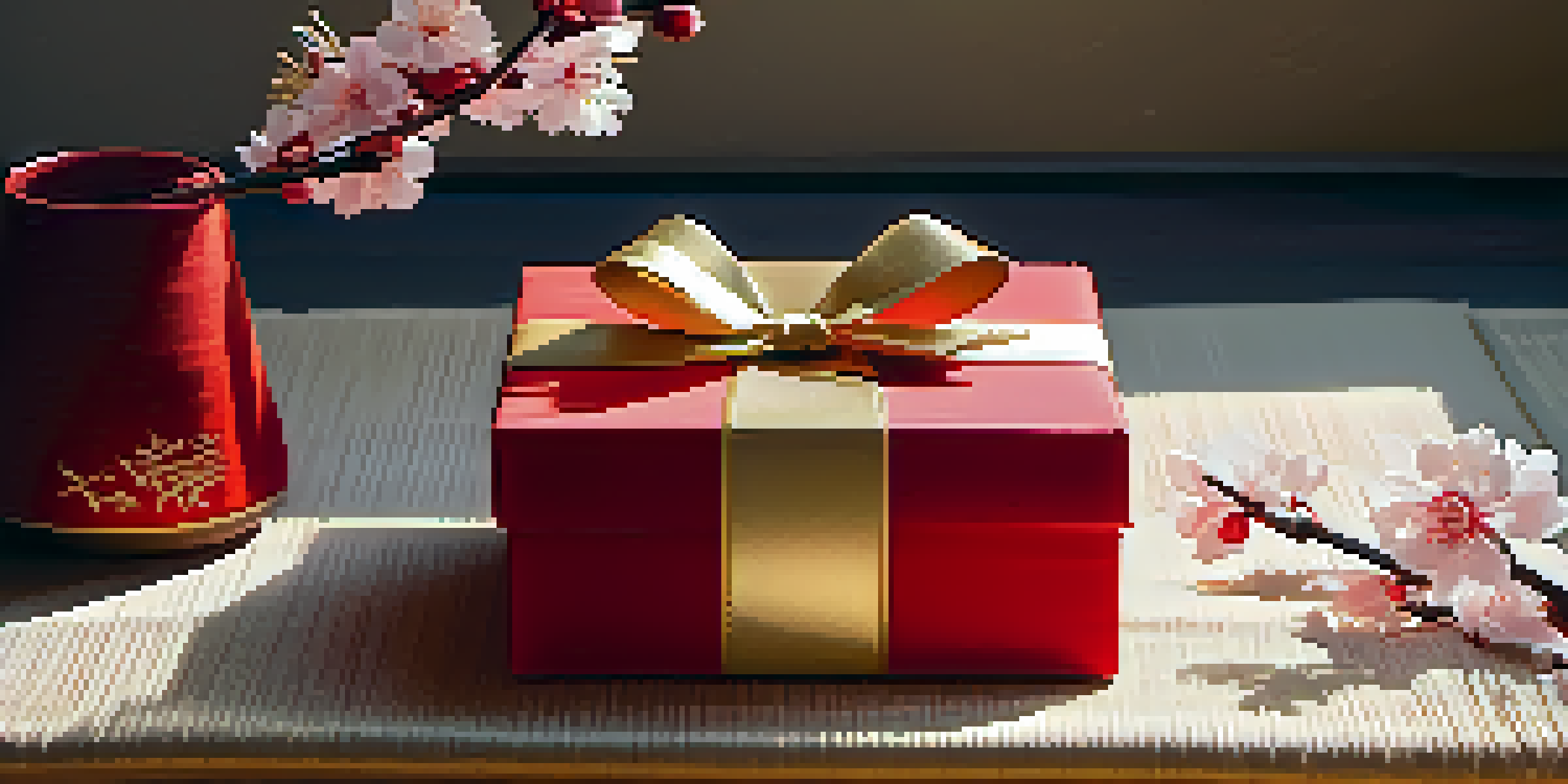 A red gift box wrapped with golden ribbons on a tatami mat, accompanied by a vase of cherry blossoms and soft light from a shoji screen.