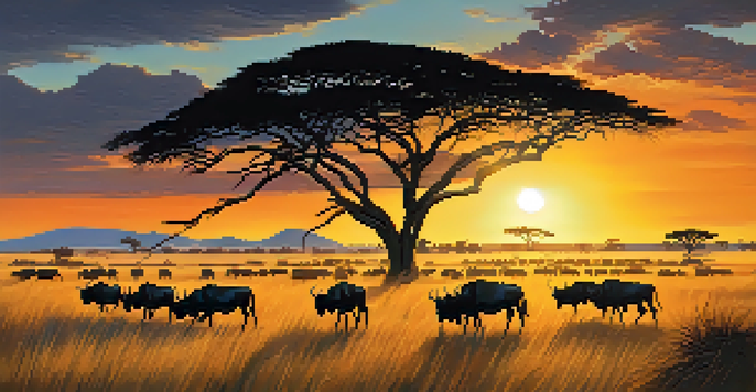 A herd of wildebeest migrating across the golden grasslands of the Serengeti at sunset, with shadows and warm light enhancing the landscape.