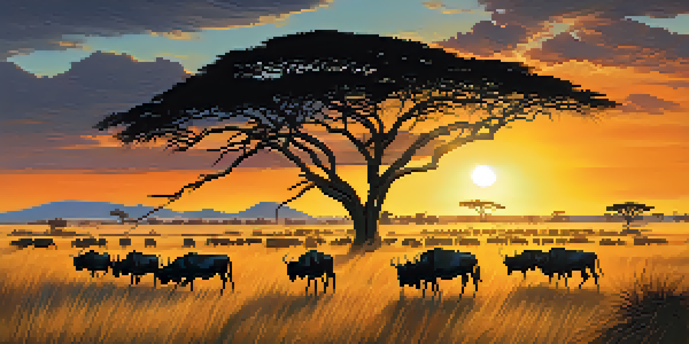 A herd of wildebeest migrating across the golden grasslands of the Serengeti at sunset, with shadows and warm light enhancing the landscape.