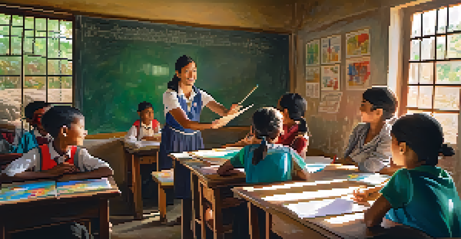 A volunteer teaching children in a colorful rural classroom, with sunlight streaming in and smiling faces of children.