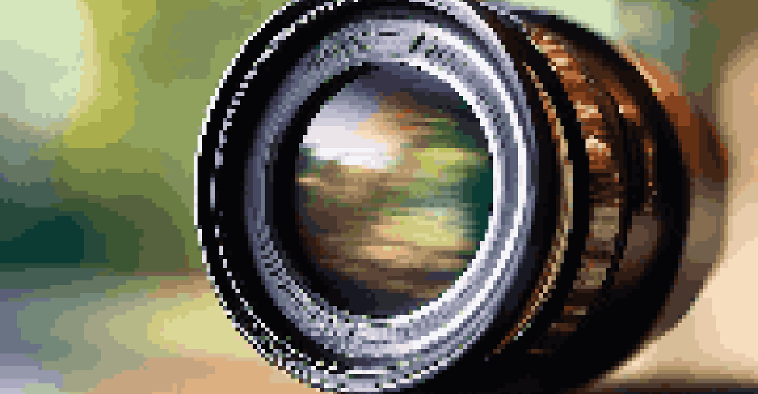 A close-up of a glistening camera lens with a UV filter, set against a softly blurred natural background.