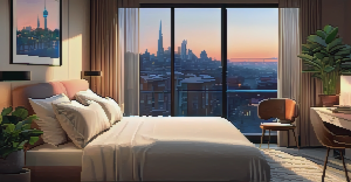 A cozy hotel room with a neatly made bed, desk, and a city view at sunset.