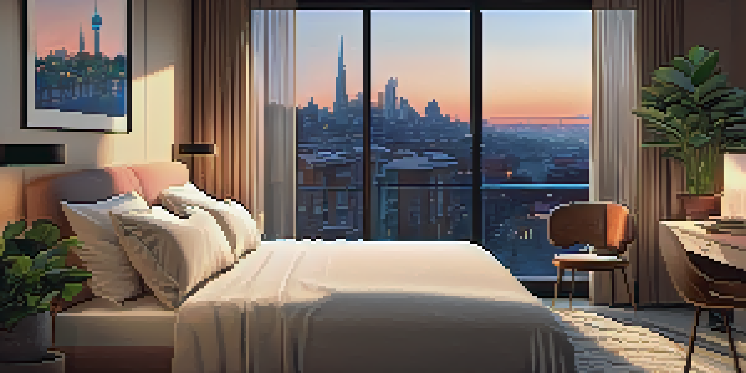 A cozy hotel room with a neatly made bed, desk, and a city view at sunset.