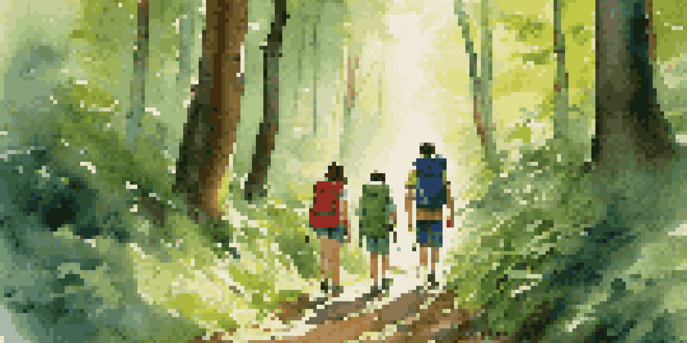 A family hiking in a green forest with each member carrying appropriately sized backpacks, surrounded by sunlight filtering through the leaves.