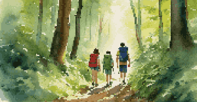 A family hiking in a green forest with each member carrying appropriately sized backpacks, surrounded by sunlight filtering through the leaves.