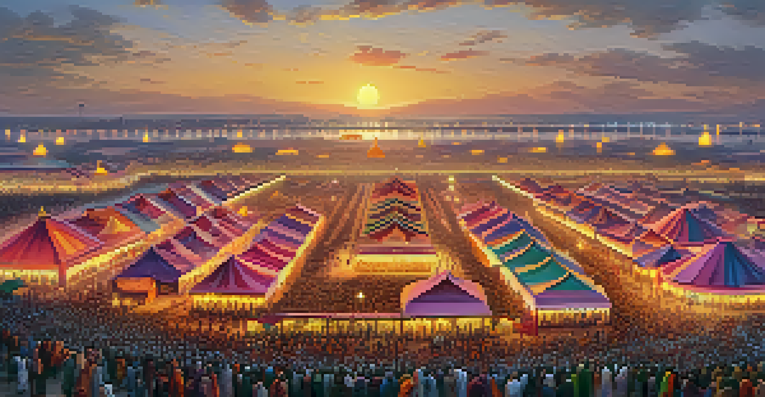 A wide-angle view of Kumbh Mela festival grounds filled with colorful tents and crowds of people, illuminated by a golden sunset.