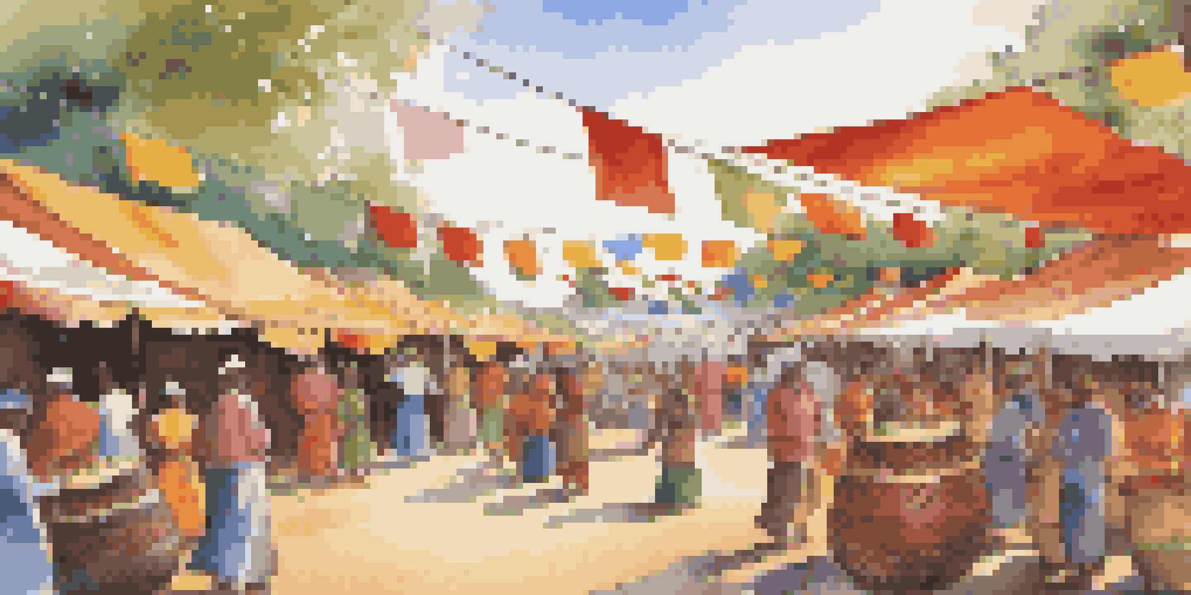 A lively cultural festival featuring local artists and musicians, with colorful tents and decorations under a warm golden sunlight.