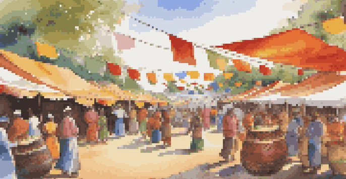 A lively cultural festival featuring local artists and musicians, with colorful tents and decorations under a warm golden sunlight.